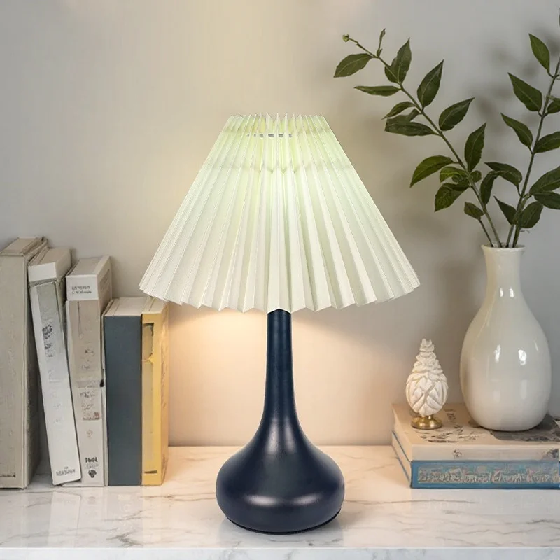 Table Lamp Bedside Lamp - Wrought Iron Gourd Base, Pleated Fabric Shade, Elegant Nordic Warm Light for Bedroom Study Home Decor