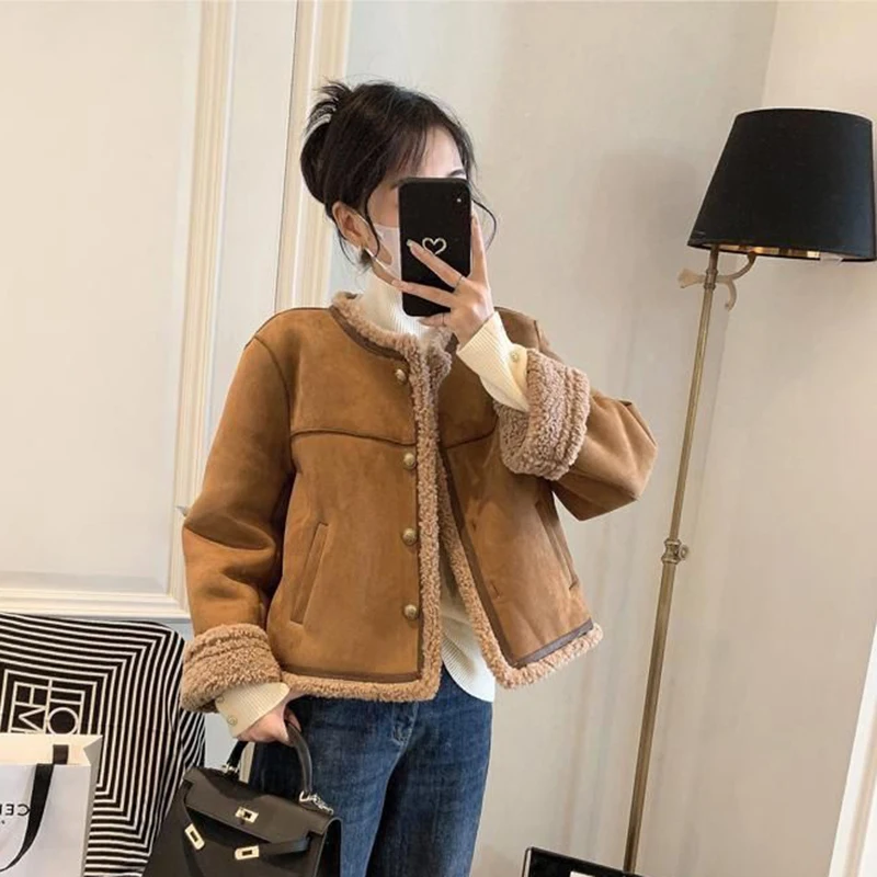 Winter Warm Faux Lamb Jacket Women Y2K Fashion Splicing Thick Long Sleeve Coats Female Korean Loose Streetwear Plush Outerwear