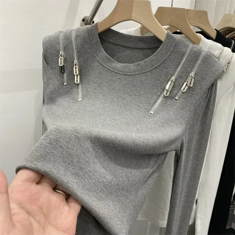 Design sense round neck zipper long sleeve T-shirt women's spring cotton slim T-shirt women's crop top T-shirt sexy tight Y2k