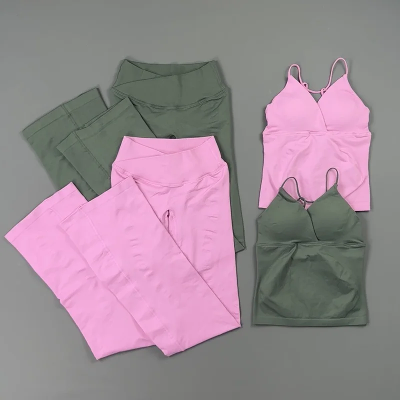 2 Piece Workout Set Women Criss Cross Back Spaghetti Strap Tank Top High Waist Scrunch Butt Flare Yoga Pants Gym Activewear Suit