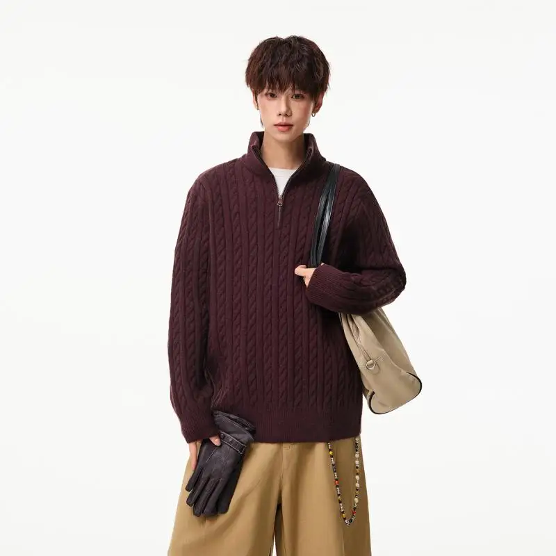 Men's Cable Knit Half Zip Sweater Mock Collar Pullover Vintage Korean Style Loose Warm Knitwear Top Autumn Winter 2026 Clothings