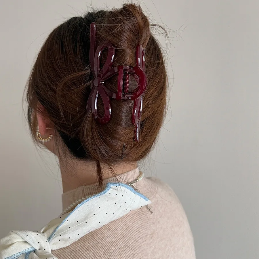 Maroon Bow Hair Shark Clip For Back Head Bun Elegant Retro Style Simple Versatile Premium Comfortable Grip For Women
