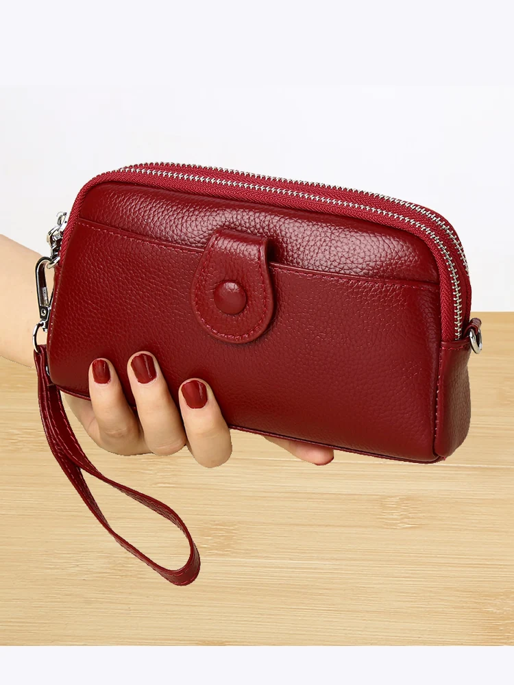 

Double Layered Leather Clutch Bag Women's Mobile Phone Wallet Coin Purse Long Chain Mommy Bag Genuine Leather Handbag