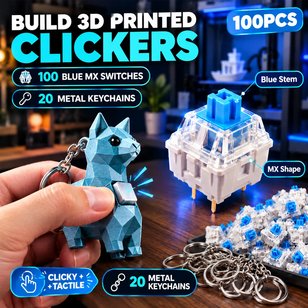 100PCS 3D Printed Clicker Switches Blue 3 Pin MX Mechanical Keyboard Switches Clicky Tactile Fidget Keychain DIY Maker Projects