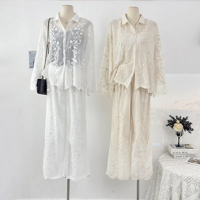 

Korean style spring casual two-piece set embroidered flower laple collar long sleeved shirt high waist loose wide leg pants
