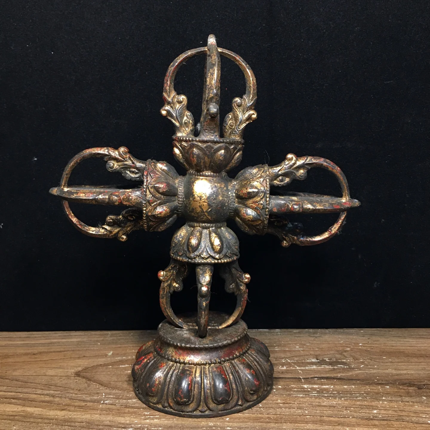 Rare ancient craft Beautiful old Tibetan Copper Five-pronged Cross Vajra Pestle Ornament with Base, #05, free shipping