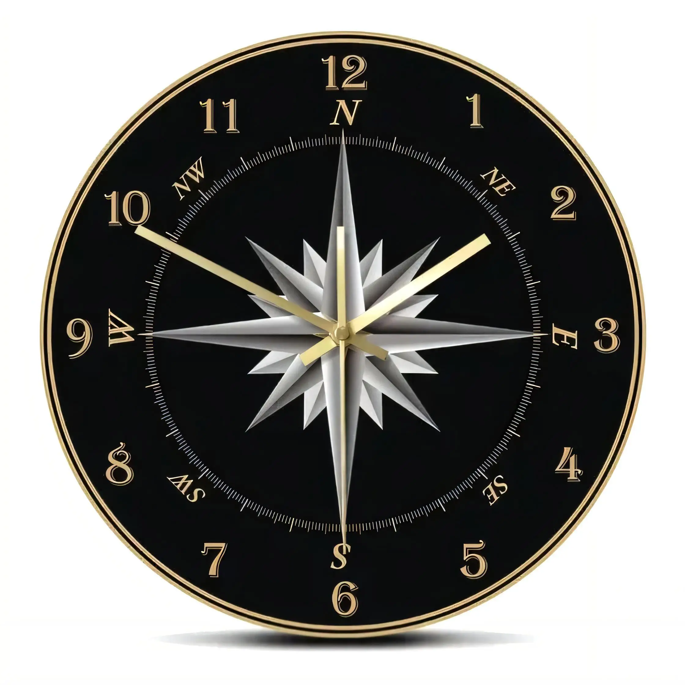 Modern Nautical  Wall Clock Silent Non Ticking Gold Black Compass Rose Decor for Living Room Bathroom