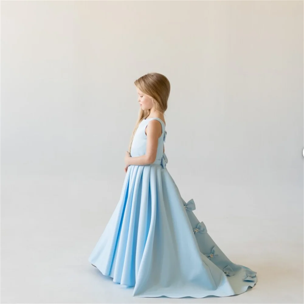 Blue Long Flower Girl Dress  Backless Sleeveless Bow Decorated Wedding Elegant Little Flower Children First Communion Party Gown