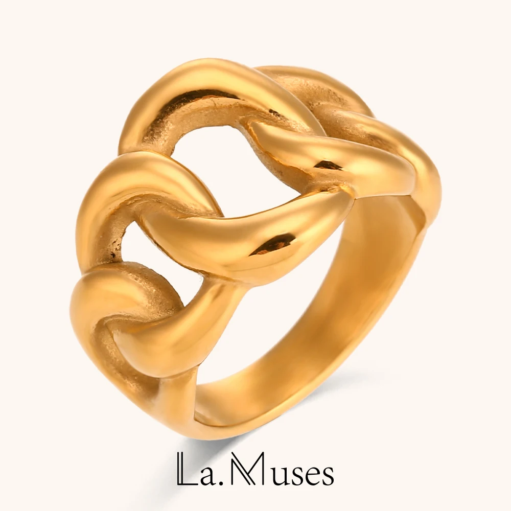 La.Muses Gradient Size Braided Chain Stainless Steel Rings For Womens 18K Gold Plated Fashion Waterproof Jewelry And Accessories