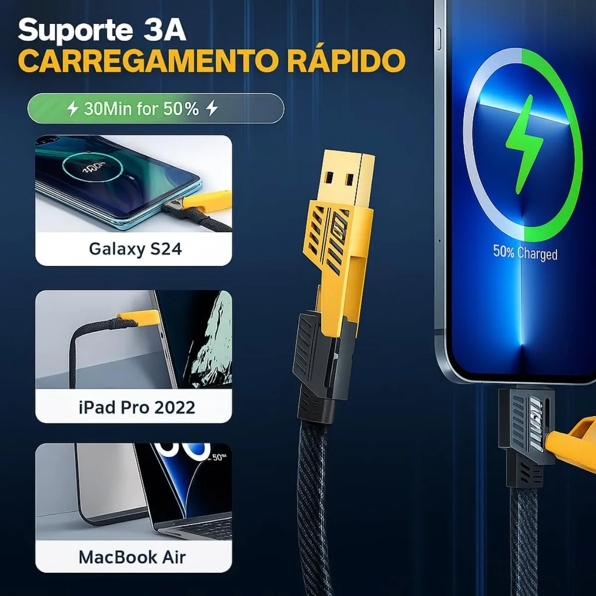 Cabo 4 em 1 Reforçado 65W Turbo com Conectores Lightning، Tipo-C e USB-A |   كاريجامنتو رابيدو |   متوافق مع آيفون وAndroid