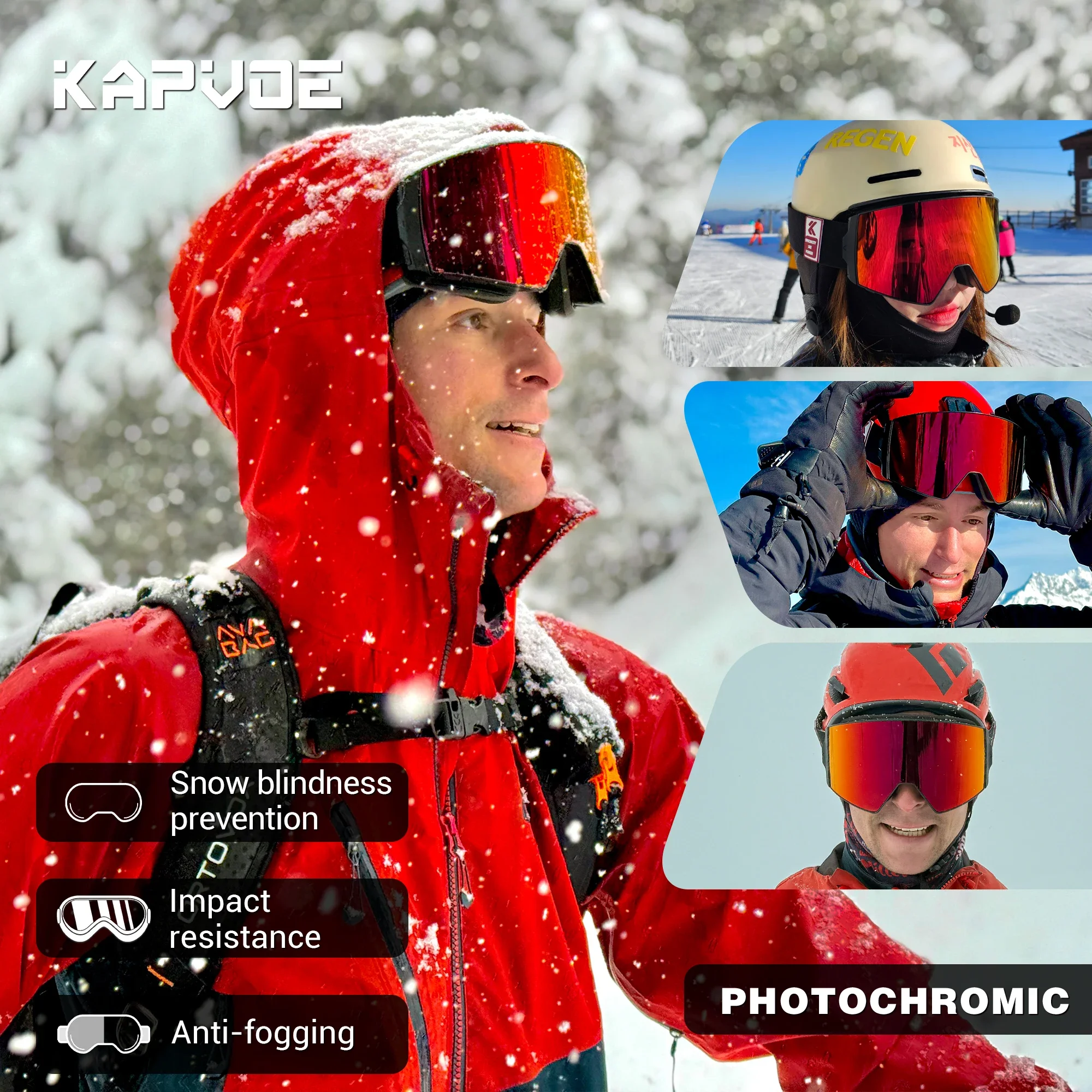 Kapvoe Photochromic UV400 Protection Snow Glasses for Men Ski Goggles Snowboard Anti-Fog Mask Women Eyewear Snowmobile Winter