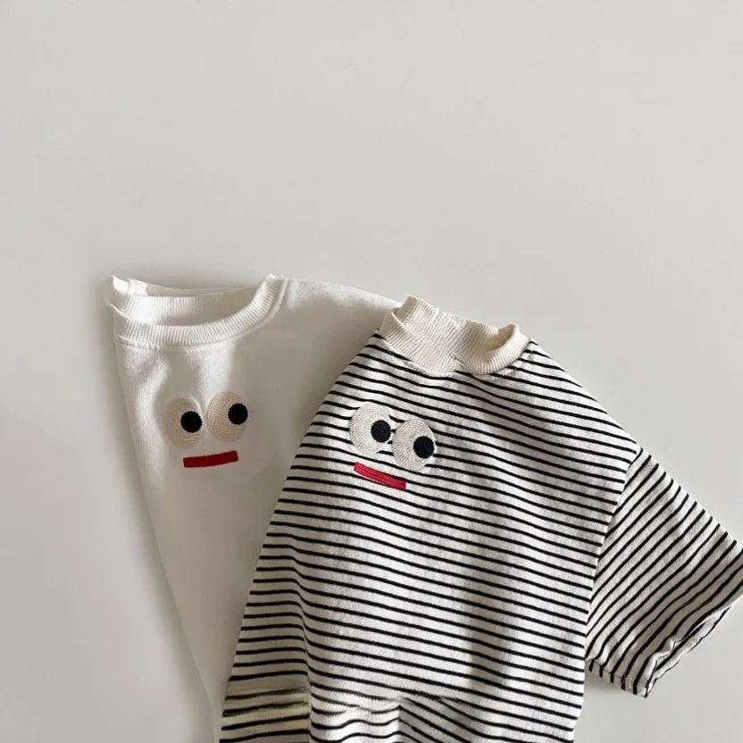2026 Sommer Baby T-Shirts 0-3 Jahre Süße bestickte T-Shirts mit großen Augen für Jungen und Mädchen aus Baumwolle, gestreifte Oberteile für Kleinkinder, Babykleidung – Detail 2
