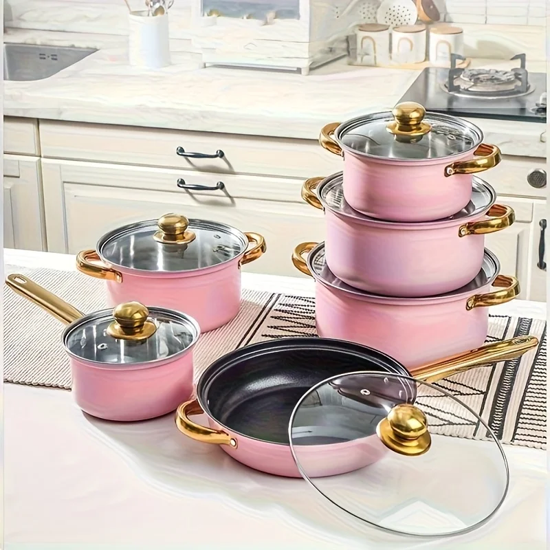 

6-piece stainless steel kitchen cookware set.featuring a pink body with gold lids and black trim.Suitable for induction cooktops