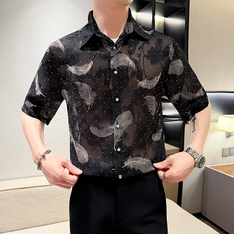 Sexy See Through Lace Shirts for Man Sequin Jacquard Embroidery Men Mesh Transparent Shirt Club Party Prom Camisas De Hombre
