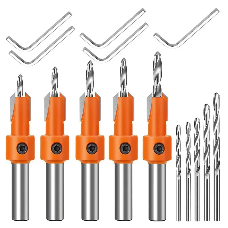 

5 PCS Quick Change 8Mm Adjustable Countersink Drill Bit Set Orange Alloy + Carbon Steel With 5Pcs Replaceable Drill Bits-AT30