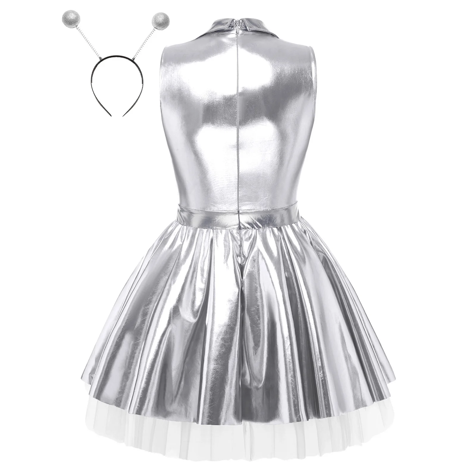 Women's Role-play Alien Suits Outer Space Cosplay Costume Lapel Metallic Dress with Hair Hoop for Halloween Party Stage Dance
