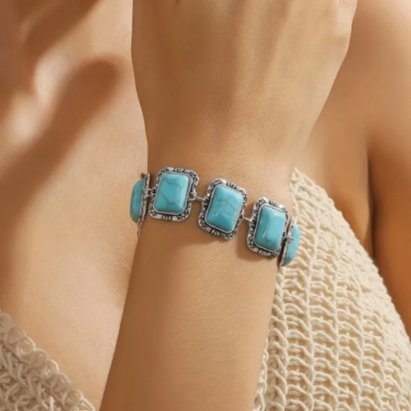 

New Fashionable Ethnic Style Retro Imitation Turquoise Bracelet Carved Geometric Bracelet Women Festival Party Accessories Gift