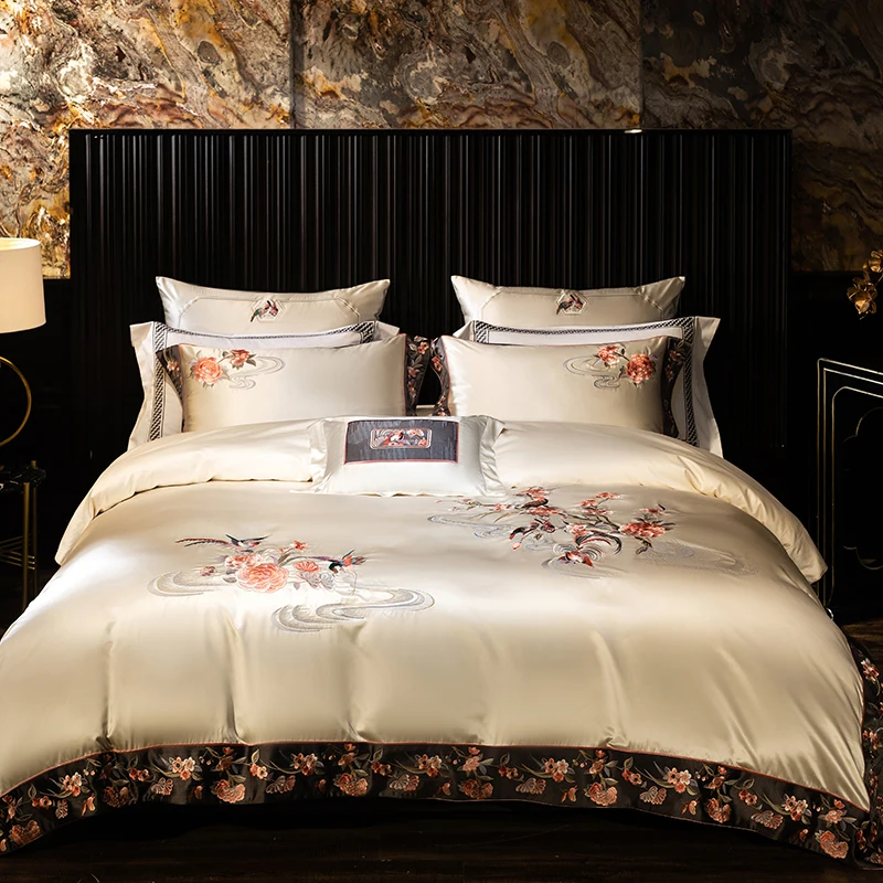 4/6/9Pcs Champagne Flowers Embroidery Luxury Bedding Set Satin Brocade Egyptian Cotton Duvet Cover Set Bed Sheet Pillowcases