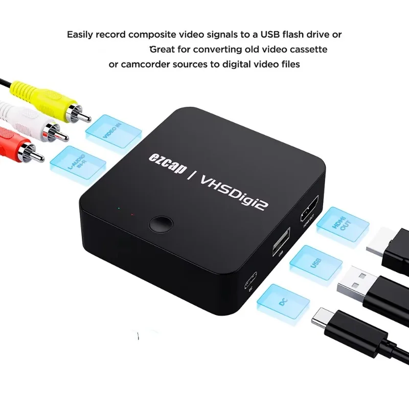 VHS Tape to Digital Converter Analog AV Video Capture Recorder Digitizing Device for Hi8 VCR Camcorder DVR Video Digitizer