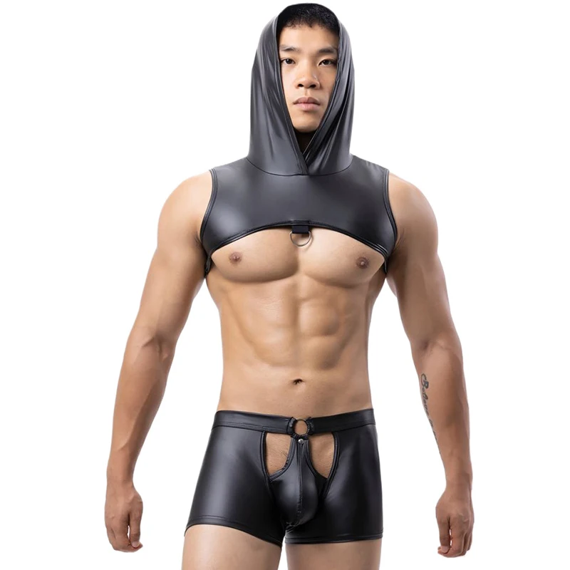 

2PCS/Sets Sexy Mens Faux Leather Hooded Chest Harness Boxer Shorts Exotic Latex Clubwear Gay Fetish Teddies Crop Tops Trunks