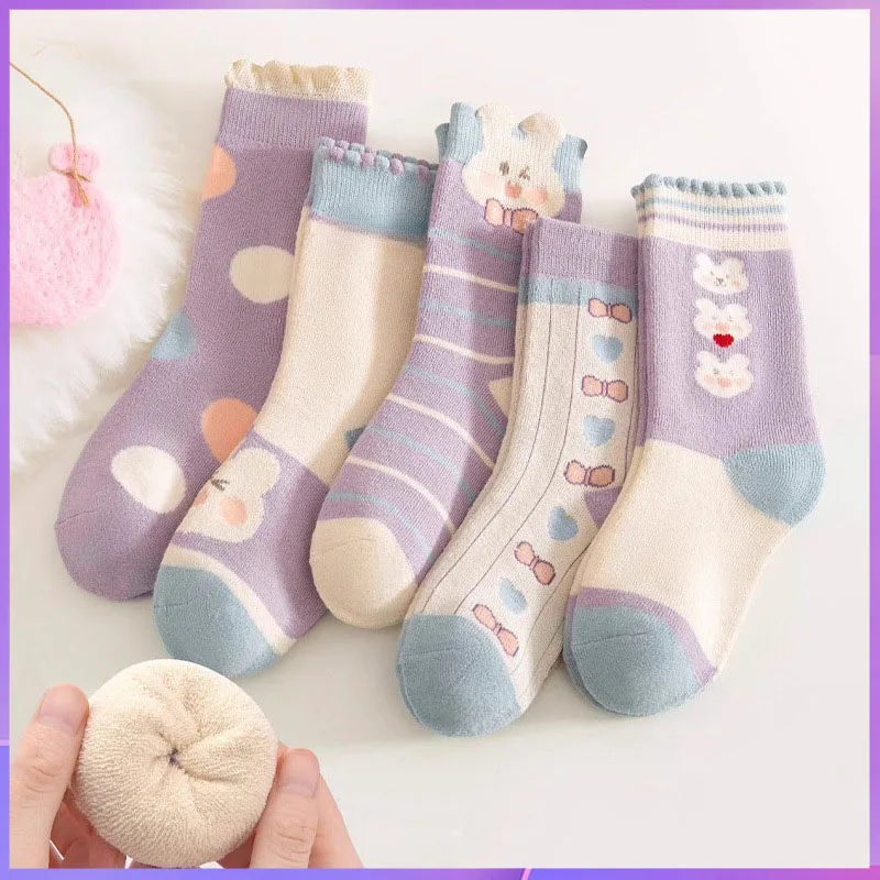 

5 pairs of thick socks for girls in winter, medium to large-sized long tube looped socks with fleece added