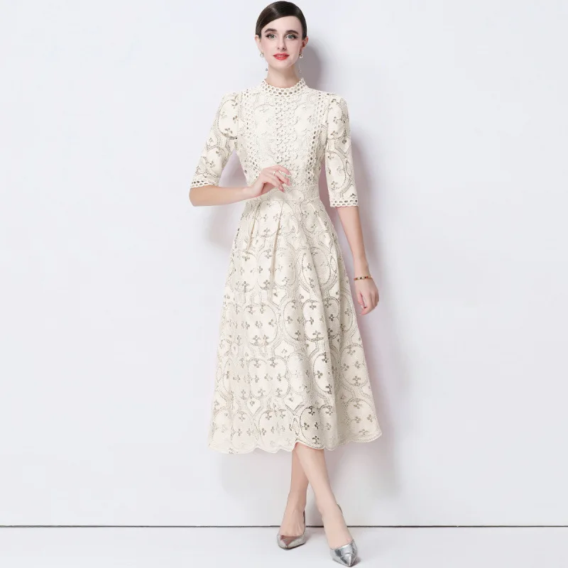 Ele Hollow out Hook Flower Heavy Work Dr Women's Waist Cinching Slimming Svel High Waist Knitted Polyester Fiber