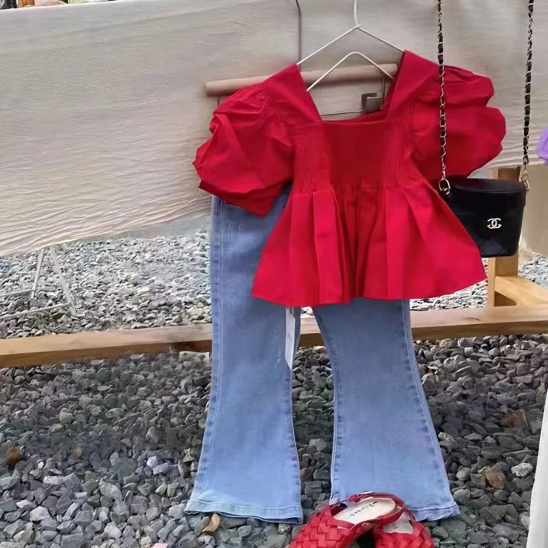 

Girls Suits Children 2024 New Spring and Summer Red Top and Pants Simple Casual Suits Two-piece Set Fashion Kid Clothes