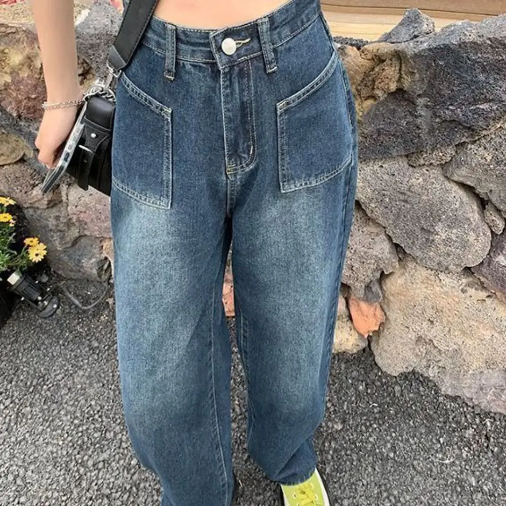 Simple Baggy Denim Jeans Straight Leg Retro Cowboy Pants Wide Leg Ins Style High Waist Pants Party