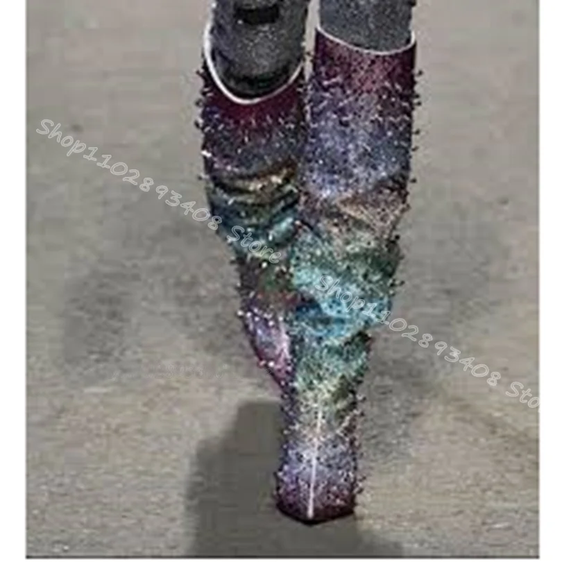 Glitzer Niet Dekor Plissee Stiefel spitzen Zehen seltsamen Stil Absätze Schuhe Frühling Party Kleid sexy Frauen Stiefel Zapatos Para Mujere