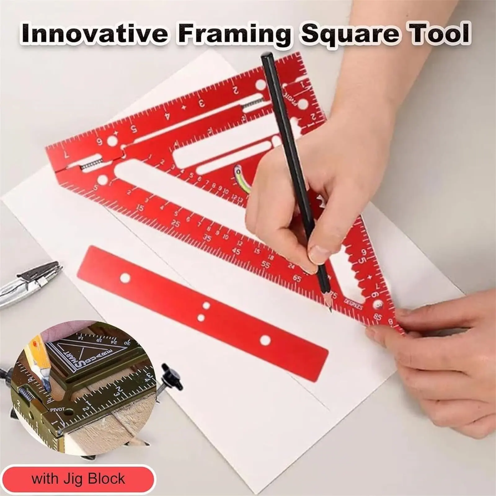 Allsome Rafter Carpenter Triangle Square Ruler With Jig Block Woodworking Measuring Ruler Aluminum Alloy Rafter Tool