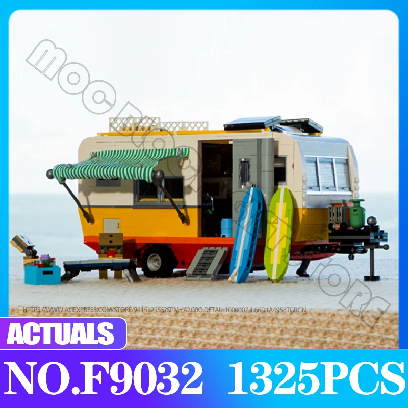 FUNWHOLE Travel Trailer Model LED Light F9032 Beach Camper Van Educational Building Block Brick Children MOC Toys Friend Gifts