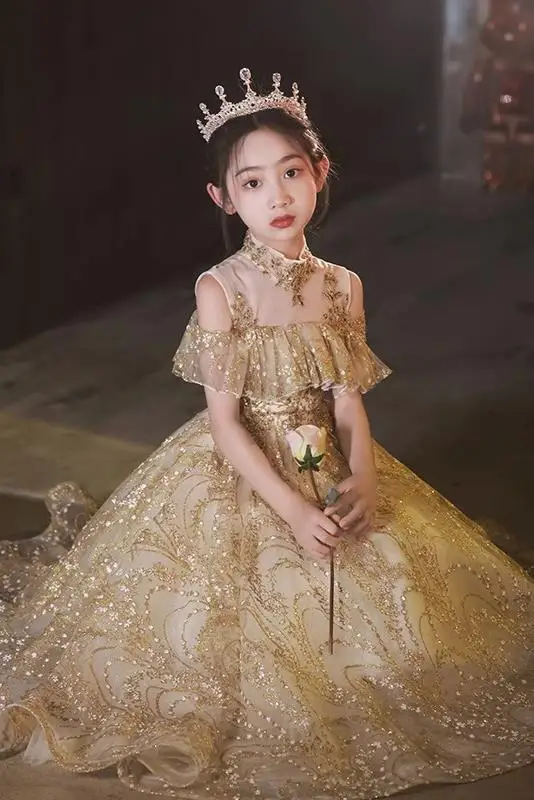 Newest Kids Princess Dresses Evening Party Elegant Girls Tulle Gowns School Banquet Children Host Slim Fit Fashion Costumes