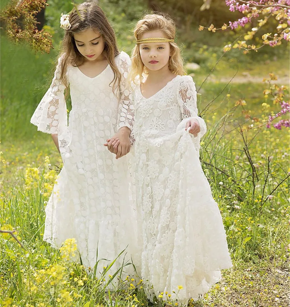 Flower Girl Dress with White Girls Princess Wedding Party Dress Girl Birthday Dresses Fashion Girl Vintage Dresses