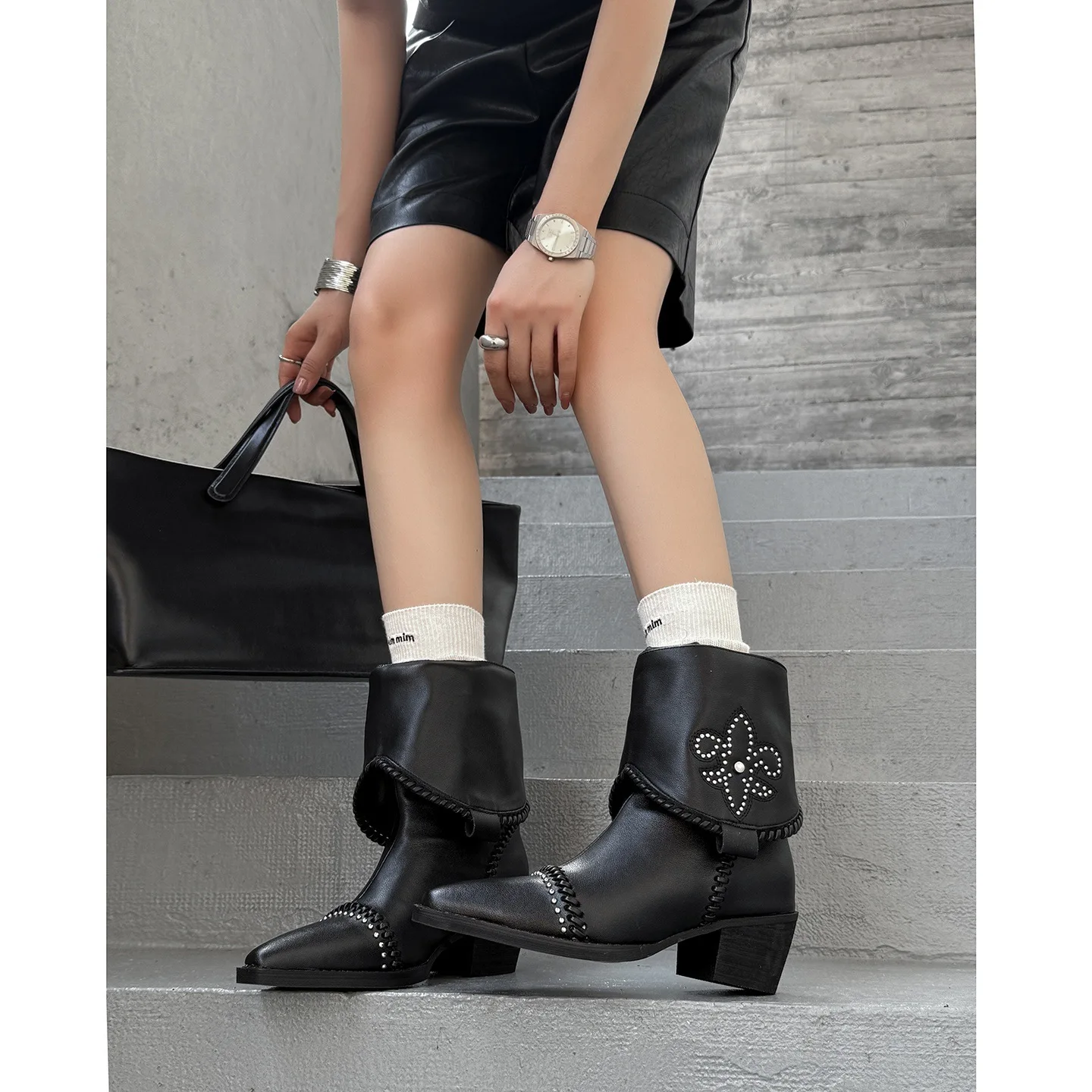 

Women's Leather Western Ankle Boots Fashionable Fold Over Cuff Boots with Studded Floral Embellishment Edgy Retro Footwear