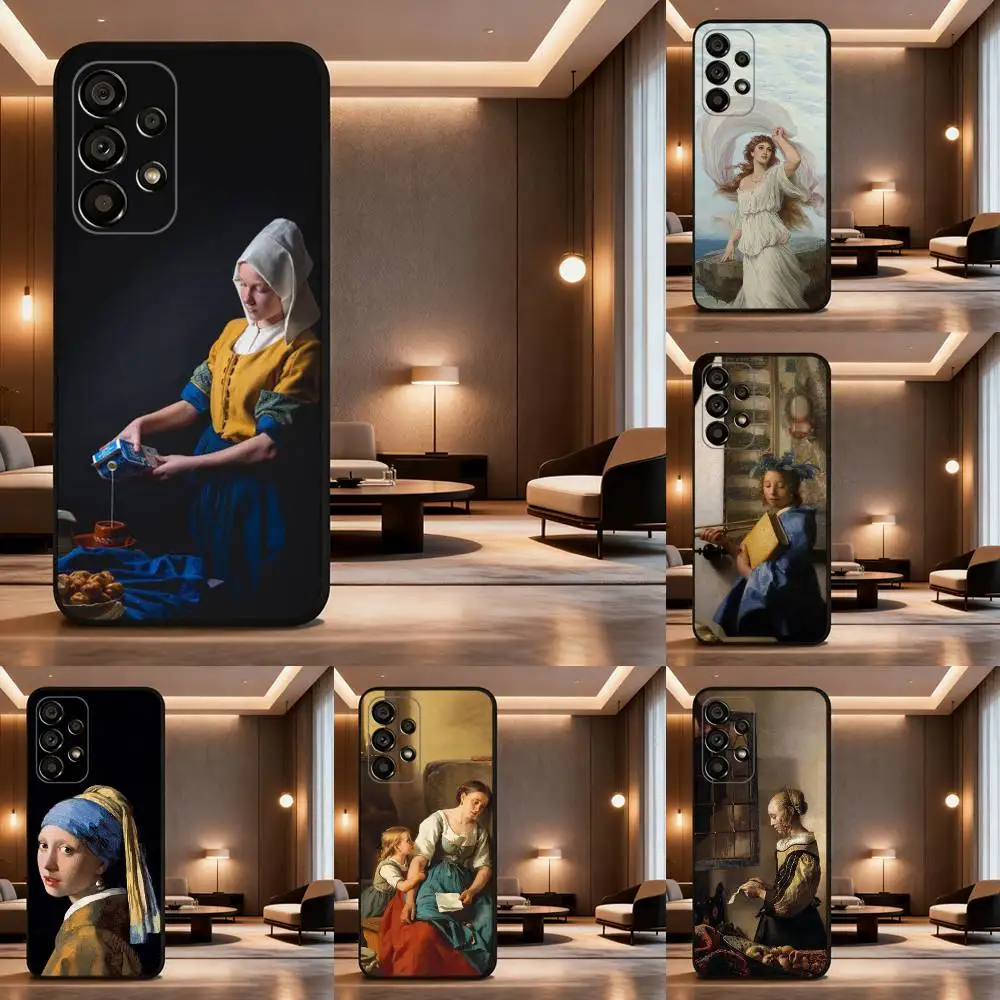 

Girl Art V-Vermeer Painting For Samsung Galaxy A53,31,52,72,41,22,73,32,71,Note,J7,8,9,5G Soft Black Silicone Phone Case
