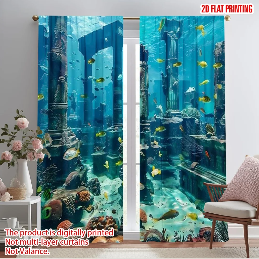 2pcs 2D flat printing Window Curtains Underwater poster fish tank coral Polyester Without Electricity Seasonal Party & Holiday