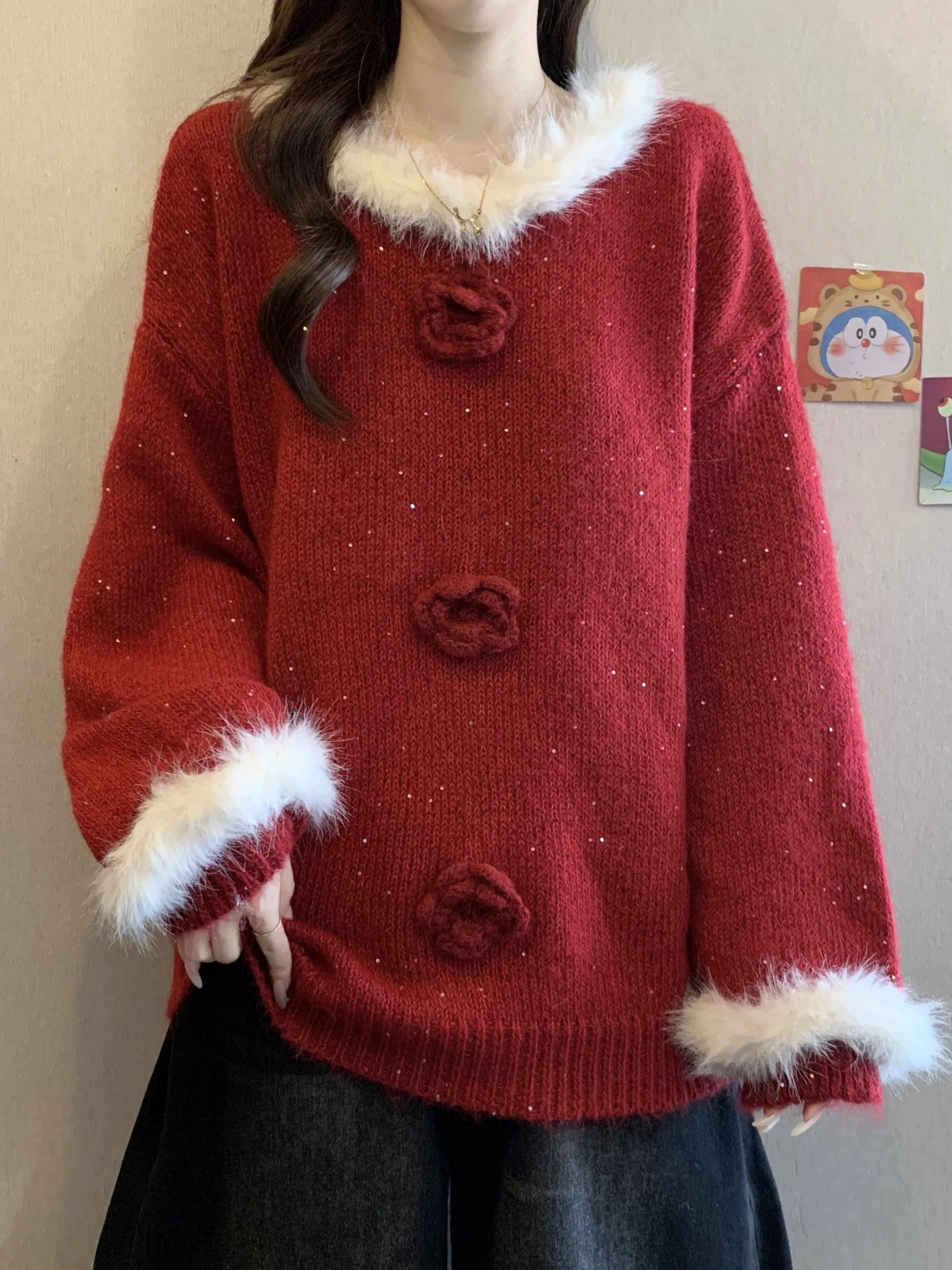 

Red Long Sve Knitted Sweater Women's Faionable Fluffy Ball Winter Top Age Reduction Trendy Commute Sle Loose Fit