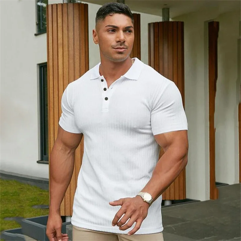 Knitted Polo Shirt Men Fitness Workout Skinny Short Sleeve T-shirt Male Bodybuilding Tee Shirt Sports Polos Summer Gym Clothing