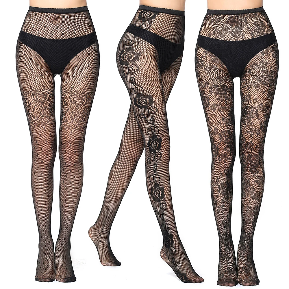 3 Pairs Elegant Floral Lace Fishnet Tights for Women, Rose Vine Black Mesh Pantyhose, Halloween Club Party Hollow Out Stockings