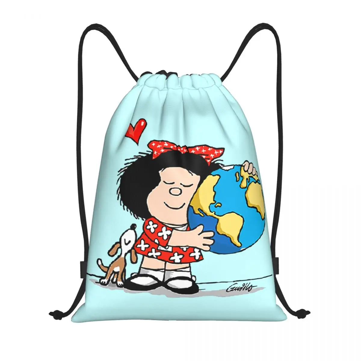 

Mafalda World And Her Puppy Drawstring Backpack Sports Gym Bag for Men Women Quino Comic Cartoon Shopping Sackpack