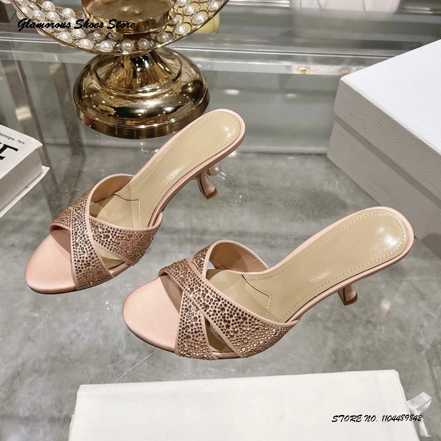

Stylish Crystal Cross-strap Satin Mules Women's Round Open Toe Kitten Heel Party Shoes Summer Fashion Pull On Modern Slippers