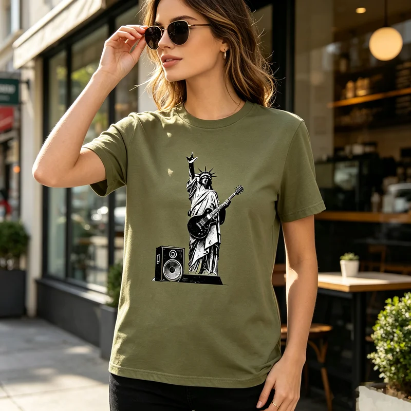Liberty Guitar T-Shirt Statue of Liberty Electric Guitar Speaker Print Tee Vintage Rock Musician Shirt Casual Streetwear Y2k Top