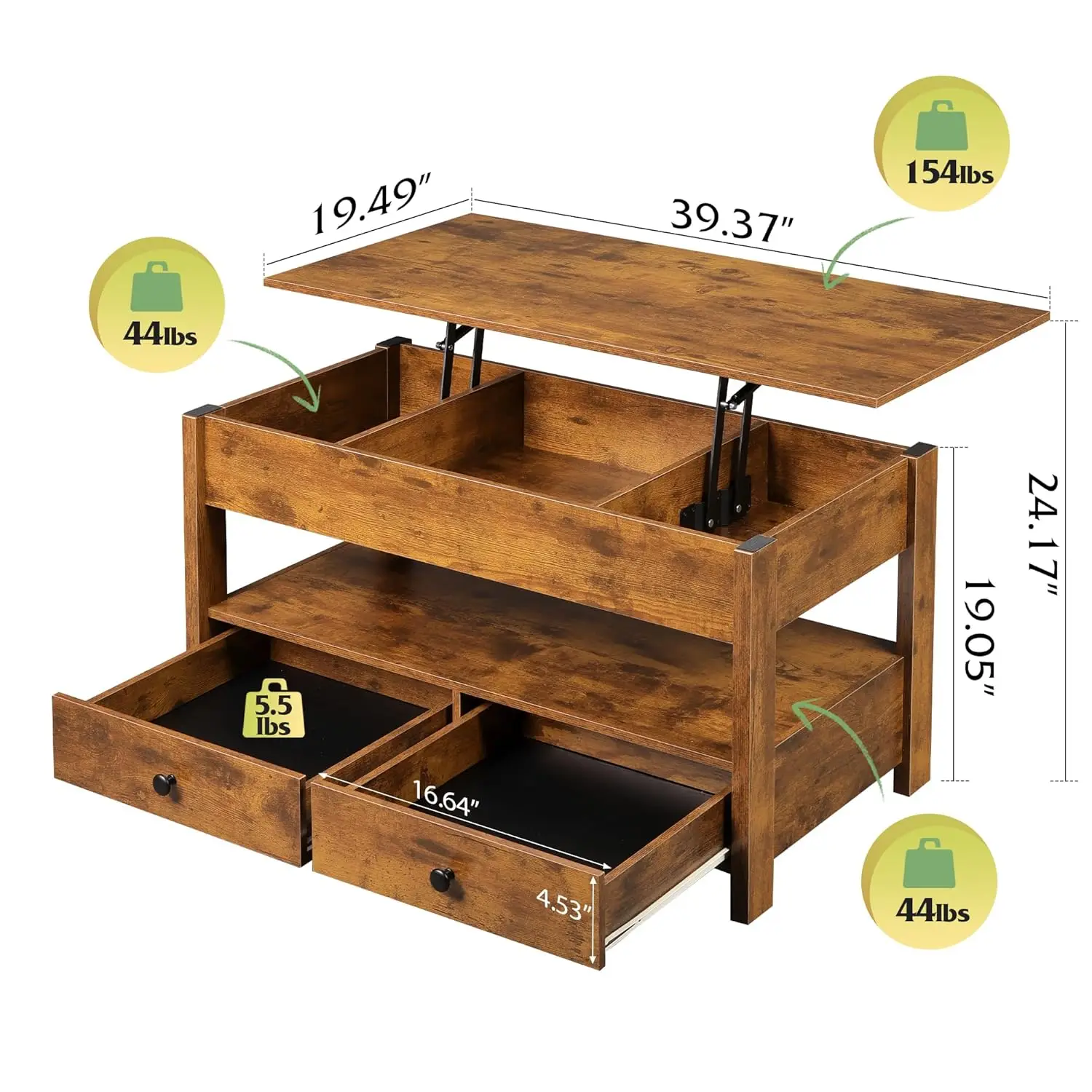 طاولة قهوة، طاولة قهوة قابلة للرفع مع درجين، مساحة تخزين كبيرة ورف مفتوح، طاولة رفع لغرفة المعيشة
