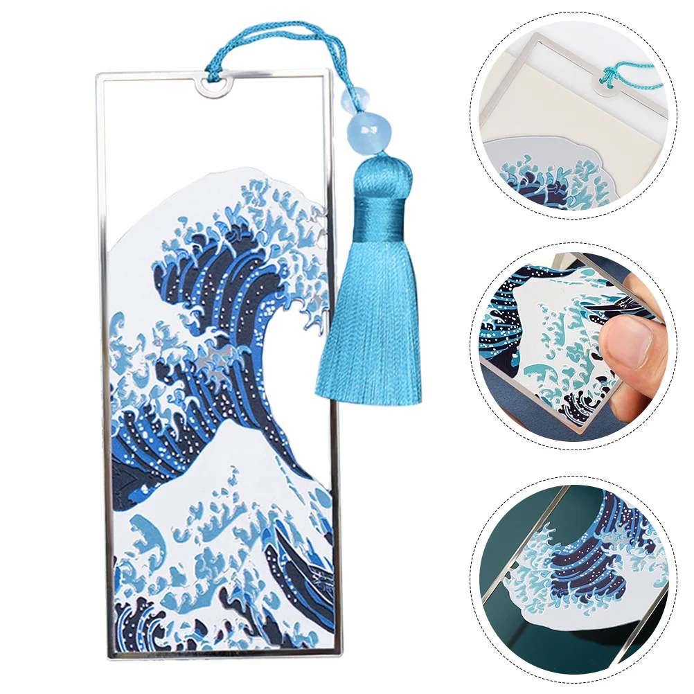 Student Gift Bookmark Retro Decor Sea Wave Pattern Japanese Bookmarks Blue Alloy Tassel