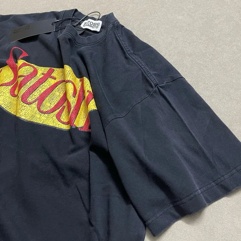 Heavy-duty Washed Cotton SATOSHI Tshirts Yellow Background Red Oval Crack Retro Offset Print Round Neck Short Sleeve Men Women