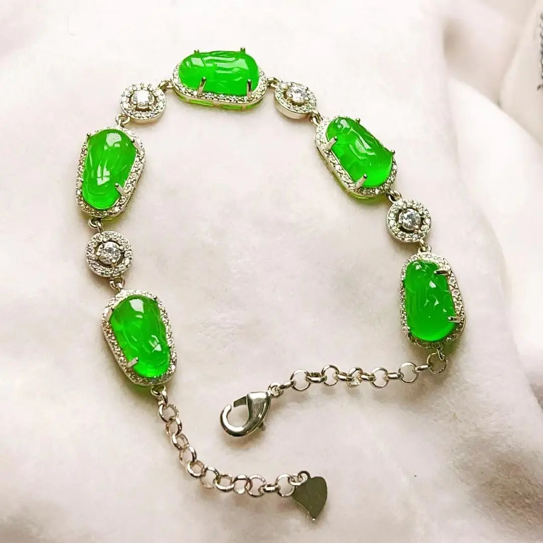 Sterling silver inlaid jadeite high ice all green luxury inlaid Pixiu bracelet jade bracelet light luxury inlaid ice transparent