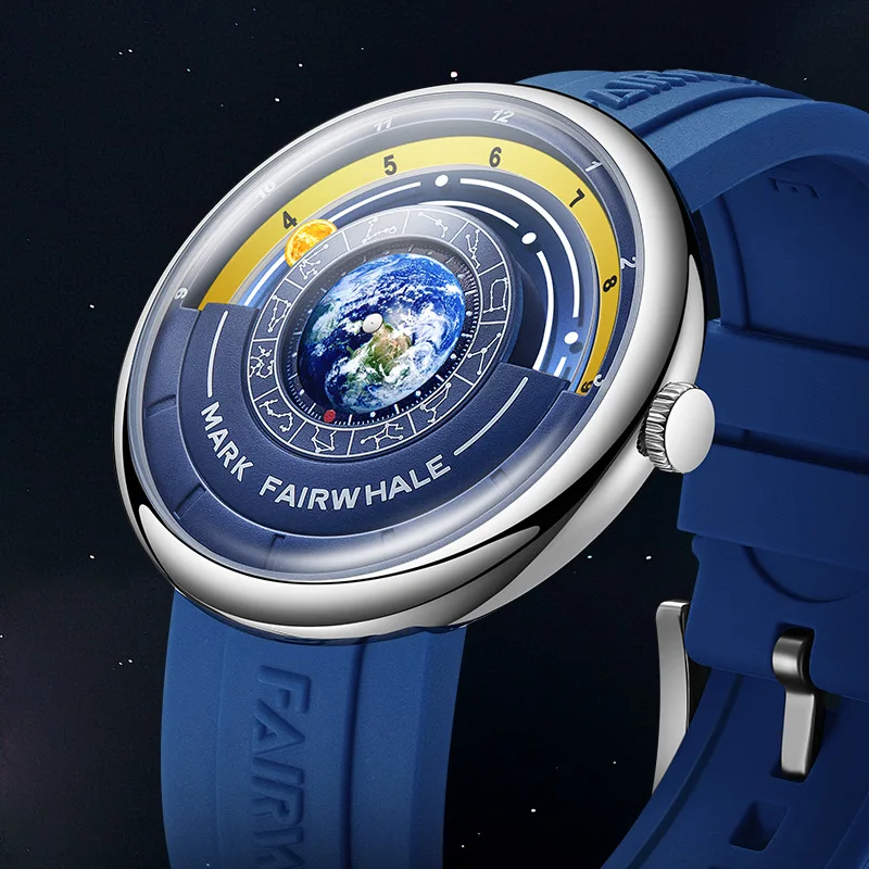 Mark Fairwhale 5700 Fashion Men\'s Quartz Watch Creative Earth Dial Waterproof Silicone Strap Sports Cool Watches for Men