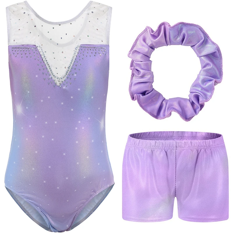 Leotards For Girl 3PCS Ballet Dance Gymnastics Suit Fashion Gradient Rhinestone Inlay Bodysuit With Shorts And Headband 5-12Y