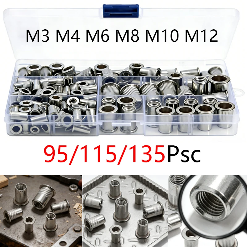 M3-M12  Rivet Nuts, Threaded Insert Rivnuts Assortment Kit for Metal Sheet, Furniture, Automotive, Corrosion Resistant Fasteners