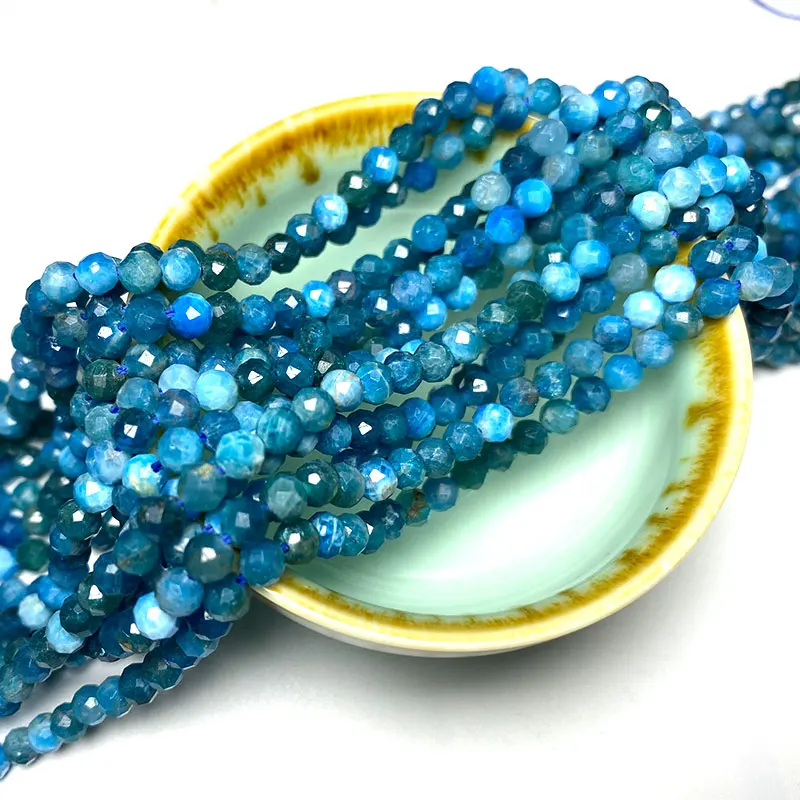 Fine 100% Natural Faceted Blue Apatite Loose Round Stone Beads Gemstone Spacer Beads For Jewelry Making DIY Bracelet 15''